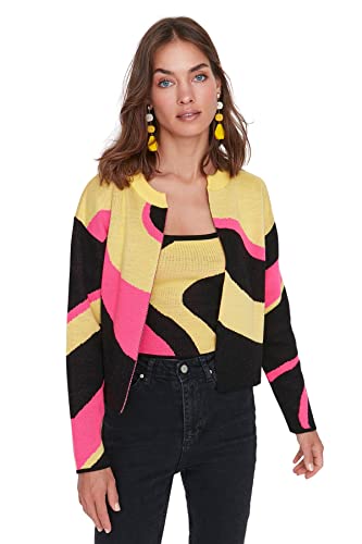 Trendyol Damski regularny standardowy kołnierz z klapą dzianina kardigan sweter, ŻÓŁTY, S