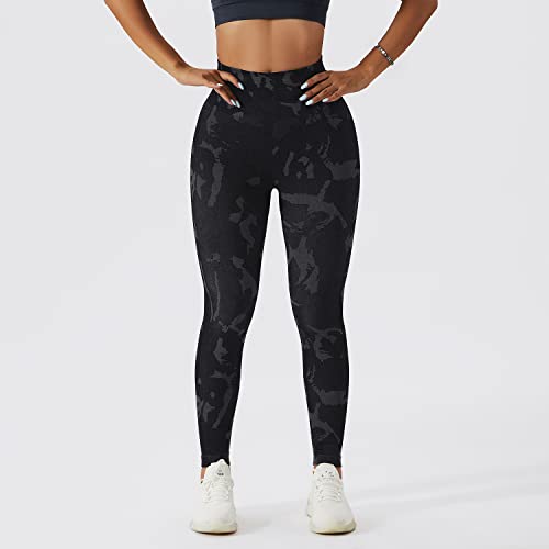 EULLA Legginsy damskie z wysokim stanem, moro, sportowe legginsy damskie, długie z brzoskwiniowym podnoszeniem bioder, spodnie sportowe, spodnie do jogi, treningu, na co dzień, czarny, M