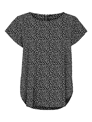 VERO MODA Women's VMSAKI SS Zip AOP WVN GA NOOS Top, czarny/AOP: białe kropki, XS, czarny/kolor: biały Tiny Dots, XS
