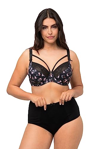 Ulla Popken Damskie duże rozmiary plus size biustonosz z fiszbinami, ozdobne wstążki, koronka, miseczka C - F 810457, czarny, 85D