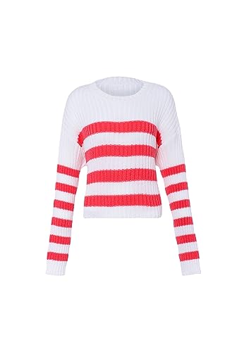 myMo Damski sweter w paski Wełna biała koralowa M/L, Wełna biała, koralowa, M