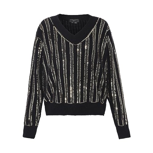 faina Damski sweter z dzianiny z dekoltem w serek i cekinami, czarny, rozmiar XS/S, czarny, XL