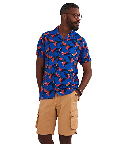 Joe Browns Męska koszula na co dzień z odważnym nadrukiem papugi z płaskim kołnierzem z krótkim rękawem, XL, Multi, Niebieski/czerwony, XL