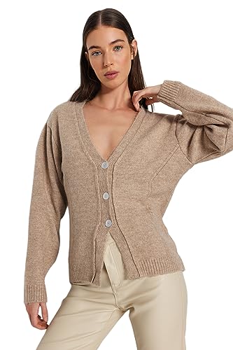 Trendyol FeMan Oversize Basic kardigan z dzianiny z dekoltem w serek, wielbłądzi, M, Wielbłądzi, M