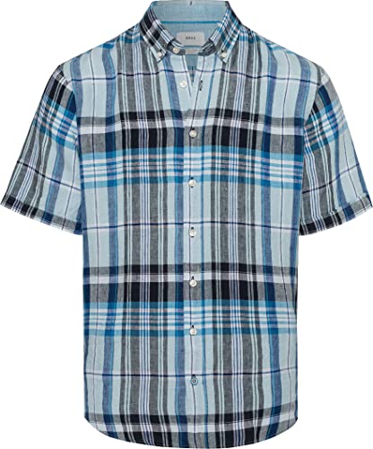 BRAX Męska koszula w stylu Dan C Pure Linen w kratkę z krótkim rękawem z lnu, Ocean, XL