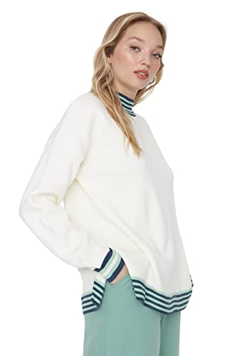 Trendyol Damska bluza z kapturem z wysokim dekoltem w bloki kolorów, Ecru, S, Ecru