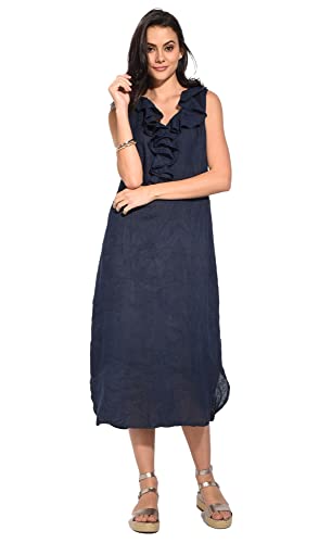 Sukienka damska 100% lniana Made in Italy, Krótka sukienka z dekoltem i kieszeniami, biała, rozmiar: XL, biały, XL