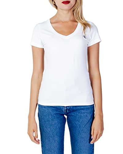 Calvin Klein Jeans Damska koszulka z haftem Ck Stretch z dekoltem w serek, Jasnobiały, 3XL duże rozmiary wysoki