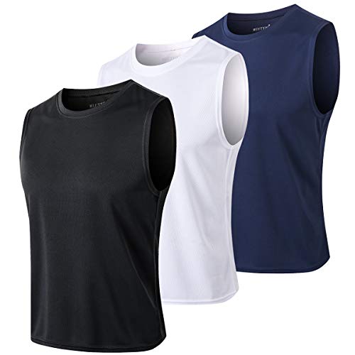 MEETYOO Męska koszulka bez rękawów Quick Dry Tank Koszulka Kamizelka Top do biegania Siłownia Sport Fitness, Czarny + niebieski + biały, XXL
