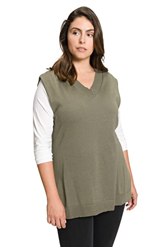 Ulla Popken Damski sweter, głęboki dekolt w serek, rozcięcia po bokach, sweter bez rękawów, zielony, 46/48