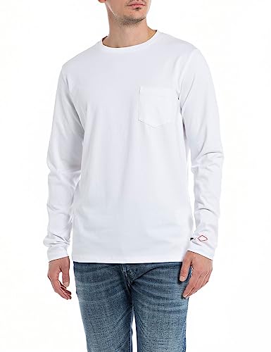Replay Męska koszulka z długim rękawem, krój regular slim fit, 001 White, XXL
