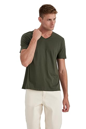DeFacto Męski Basic Slim Fit T-shirt męski z dekoltem w serek – klasyczny T-shirt dla mężczyzn, Por. khaki, XL