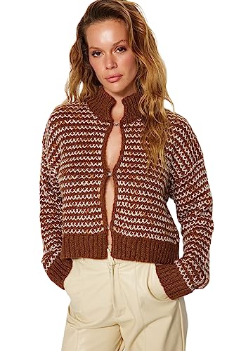 Trendyol Damen Regular Fit Basic Crew Neck Dzianina Kardigan, Brązowy, M, Brązowy, M