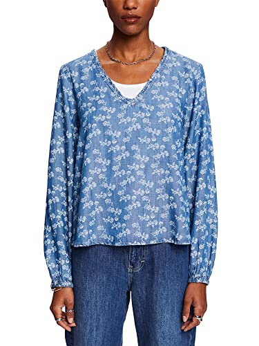 edc by ESPRIT Wzorzysta bluzka Chambray, Tencel™, Niebieski, średni, sprany, S