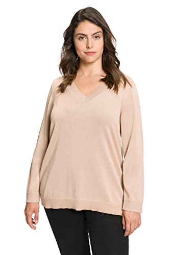 Ulla Popken Damski sweter z dekoltem w serek, długi rękaw, miękki sweter z delikatnej dzianiny, beżowy, 42/44