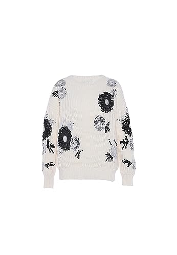 faina Damski sweter z okrągłym dekoltem z cekinami i wzorem kwiatowym Wełna BIAŁA, rozmiar M/L, biały (wollweiss), XL