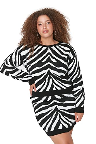Trendyol Damska zwierzę wzór środkowa dzianina bluzka - spódnica plus size dwuczęściowy zestaw, Czarny, XXL