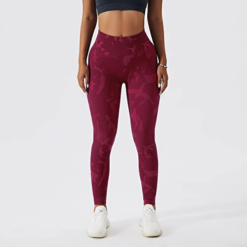 EULLA Legginsy damskie z wysokim stanem, moro, sportowe legginsy damskie, długie z brzoskwiniowym podnoszeniem bioder, spodnie sportowe, spodnie do jogi, treningu, na co dzień, amarantus, M