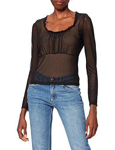 NA-KD Frill Detail Mesh Top Koszula damska, czarny, XS