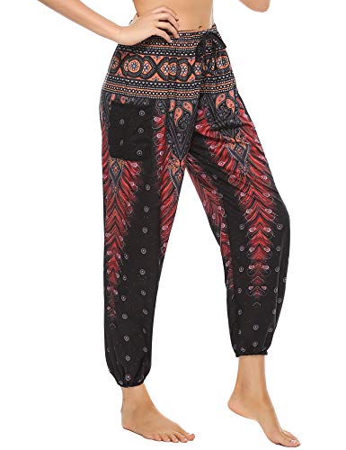 Doaraha Damskie spodnie w stylu hipisowskim, haremki, w stylu boho, z kieszeniami, luźne spodnie rekreacyjne, spodnie do jogi, kolorowe, indyjskie, do jogi, pilatesu, paw czarny, S