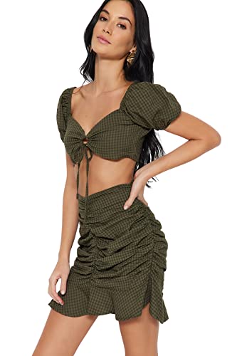 Trendyol Damska koszula w kratę, tkana, dwuczęściowy zestaw, Khaki, 8