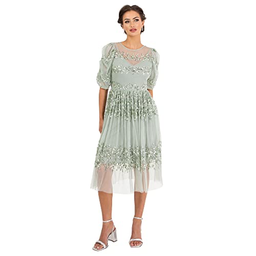 Maya Deluxe Damska sukienka Midi Ladies Sequin Embellished Short Sleeve Dress for Wedding Guest Bridesmaid Balowa Evening Occasion sukienka, Green Lily, 34