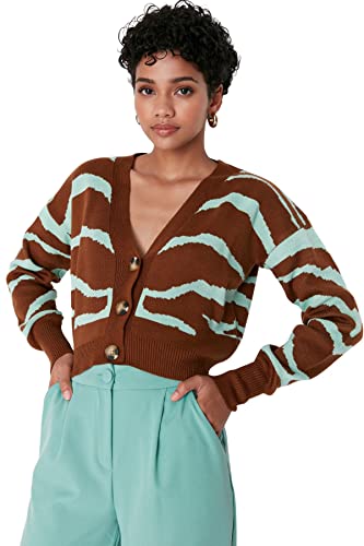 Trendyol Damski standardowy standardowy kardigan z dzianiny z dekoltem w serek, Brązowy, M