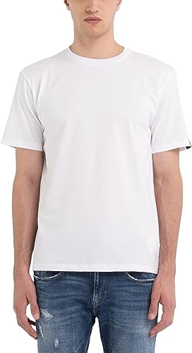 Replay Męski T-shirt z krótkim rękawem, okrągły dekolt, biały (White 001), M, Biały 001, M