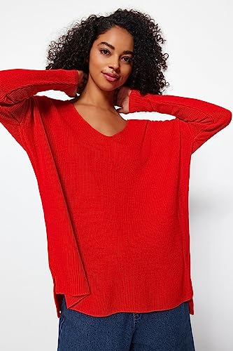 Trendyol Damski sweter oversize z dzianiny, Czerwony, S