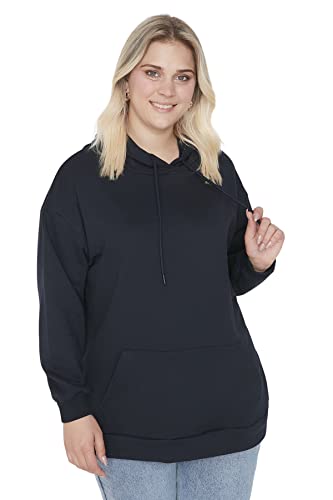Trendyol Damska bluza plus size regularna podstawowa bluza z kapturem z dzianiny plus size, granatowy, XXL duże rozmiary