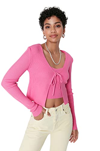 Trendyol Damski dopasowany kardigan z dekoltem w serek, Róża, L