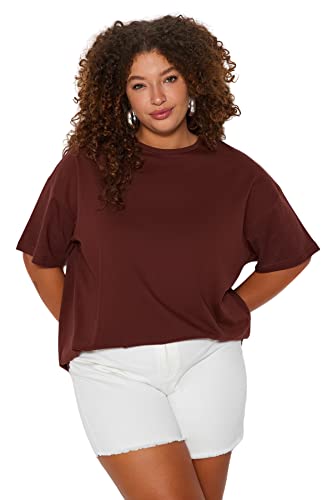 Trendyol Damska koszulka oversize z okrągłym dekoltem z dzianiny plus size, brązowy, 4XL, Brązowy, 4XL Duże Rozmiary