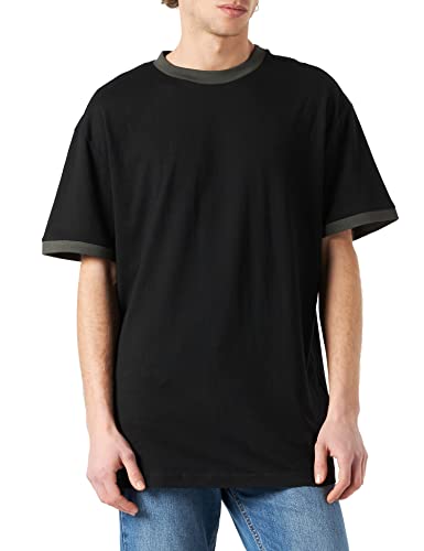 Urban Classics Męski T-shirt oversize Ringer Tee, podwójna warstwa T-Shirt dla mężczyzn, czarne, rozmiary S - 5XL, Blackbird/Black, XL