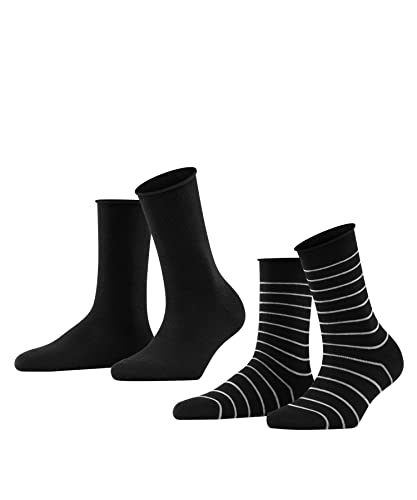 FALKE Kobiety Skarpety Happy Stripe 2-Pack W SO Bawełna z wzorem 2 Pak, Czarny (Black 3000), 39-42