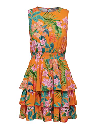 ONLY Women's ONLTROPICA S/L Smock Layer Dress EX PTM sukienka, płomień pomarańczowy/AOP:Canary Flowers, XL, Flame Orange/Aop:canary Flowers, XL