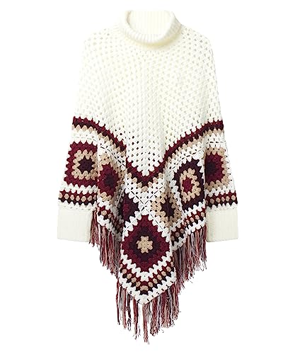 Joe Browns Damskie szydełkowane ponczo zimowe z frędzlami z frędzlami na zimną pogodę, kremowe, jeden rozmiar, Kremowy multi, rozmiar uniwersalny