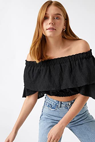 Koton Damska koszulka z odsłoniętymi ramionami, marszczona koronka, z koronką, Off White (001), L