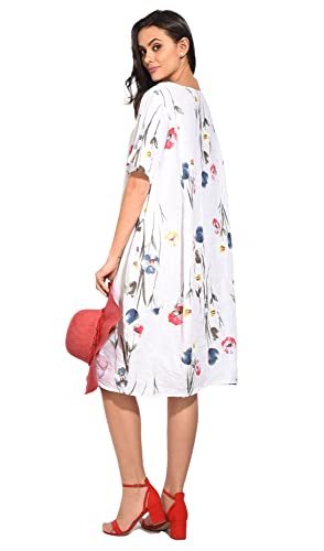 Bonateks damska sukienka 100% lniana Made in Italy, długa sukienka z okrągłym dekoltem, biała, rozmiar: M, biały, M