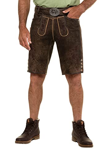 JP 1880 do 7XL, spodnie ludowe ze skóry koziej welurowej, guziki o wyglądzie rogu jelenia, pasek z prawdziwej skóry, prosty krój, 3 kieszenie, brązowe 58 72345330-58, brązowy