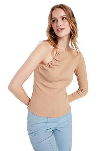 Trendyol Damska bluzka z dzianiny slim fit basic asymetryczny kołnierz, rockowa, M, Skała, M