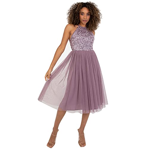Maya Deluxe Damska sukienka midi z wiązaniem na szyi tiul na wieczór, ukończenie szkoły, studniówka, suknia balowa, dla druhny, nastrojowy liliowy, 10, Moody Lilac, 36