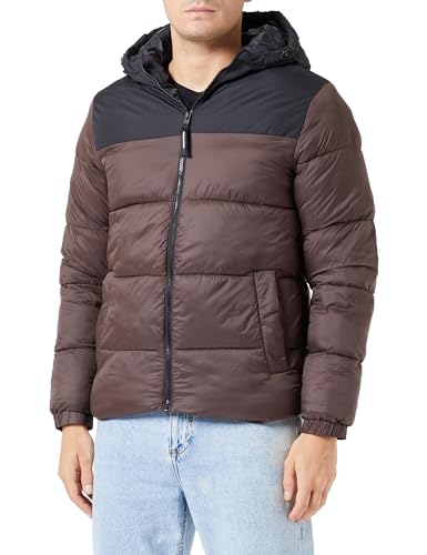 JACK & JONES Męska kurtka JJETOBY Puffer Hood SN, Seal Brown/Detail:Black Blocking, L, Seal Brown/Detail:black blocking