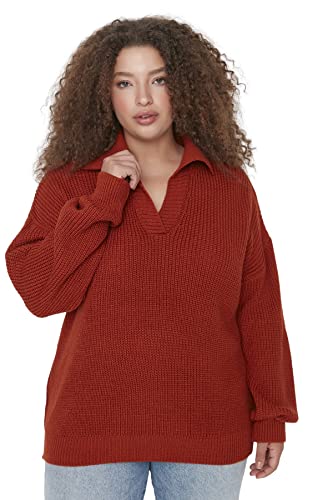 Trendyol Damska bluza polo z dekoltem zwykły zwykły sweter plus size, czerwona płytka, 5XL, Czerwone płytki