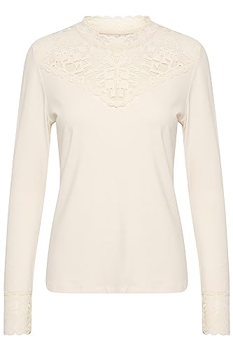 Damska bluzka kremowa z koronkowymi detalami Jersey długie rękawy Slim Fit damska, Eggnog, M