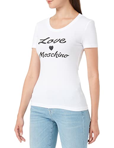 Love Moschino Damska koszulka Tight-Fitting Short Sleeves with Cursive Brand Print, optical white, 46