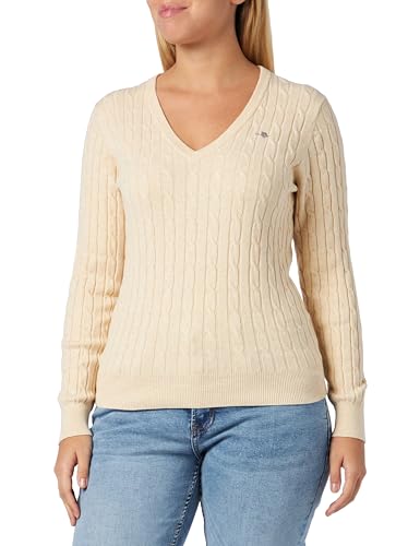 GANT Damski sweter ze stretchu bawełnianego z dekoltem w serek, len, XL