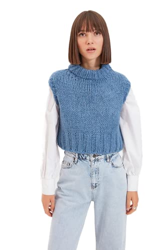 Trendyol Damski sweter o regularnym kroju z wiązaniem na szyi, NIEBIESKI, L