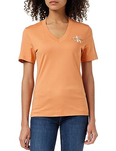 Calvin Klein Jeansy Monologo Slim V-Neck Tee Dzianinowe Topy S/S Damskie, Tropikalny Pomarańczowy, S