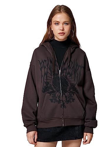 Koton Damska bluza z kapturem Kangaroo Pocket Printed Zipper Detail, Brązowy (532), S