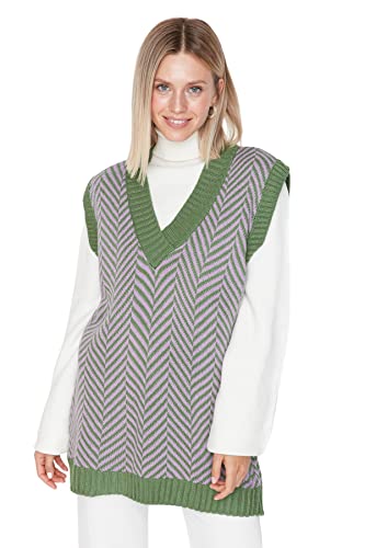 TRENDYOL Damski sweter z dekoltem w serek, w paski, oversize, sweter, zielony, L/XL, zielony, L-XL